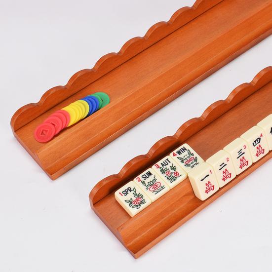 4Pcs Wooden Mahjong Rack with Detachable Magnetic Pusher Scalloped Edge American Mah Jongg Tile Holder Push Ruler Mahjong Accessories