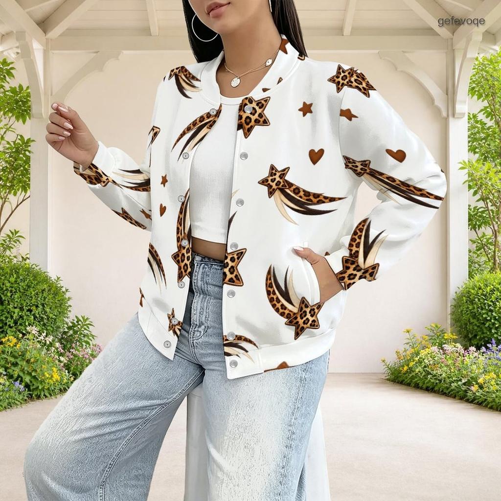 Women Plus Size White Leopard Star Heart Printed Long Sleeve Baseball Collar Jacket With Pockets