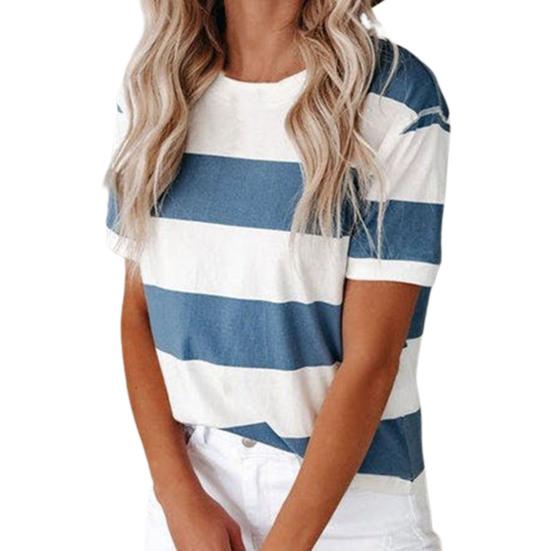 T-shirt ample à manches courtes et col rond pour femmes, rayé bleu et blanc imprimé, blouse d'été streetwear