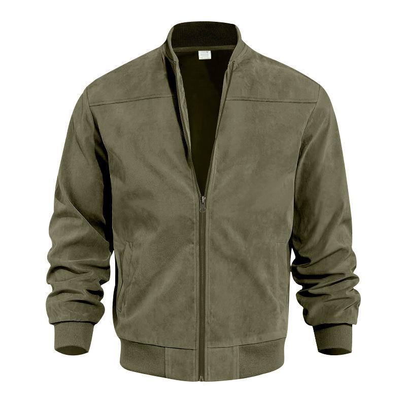 Men Stand Rib Collar Zip Up Suede Bomber Jacket Casual Outerwear Coat