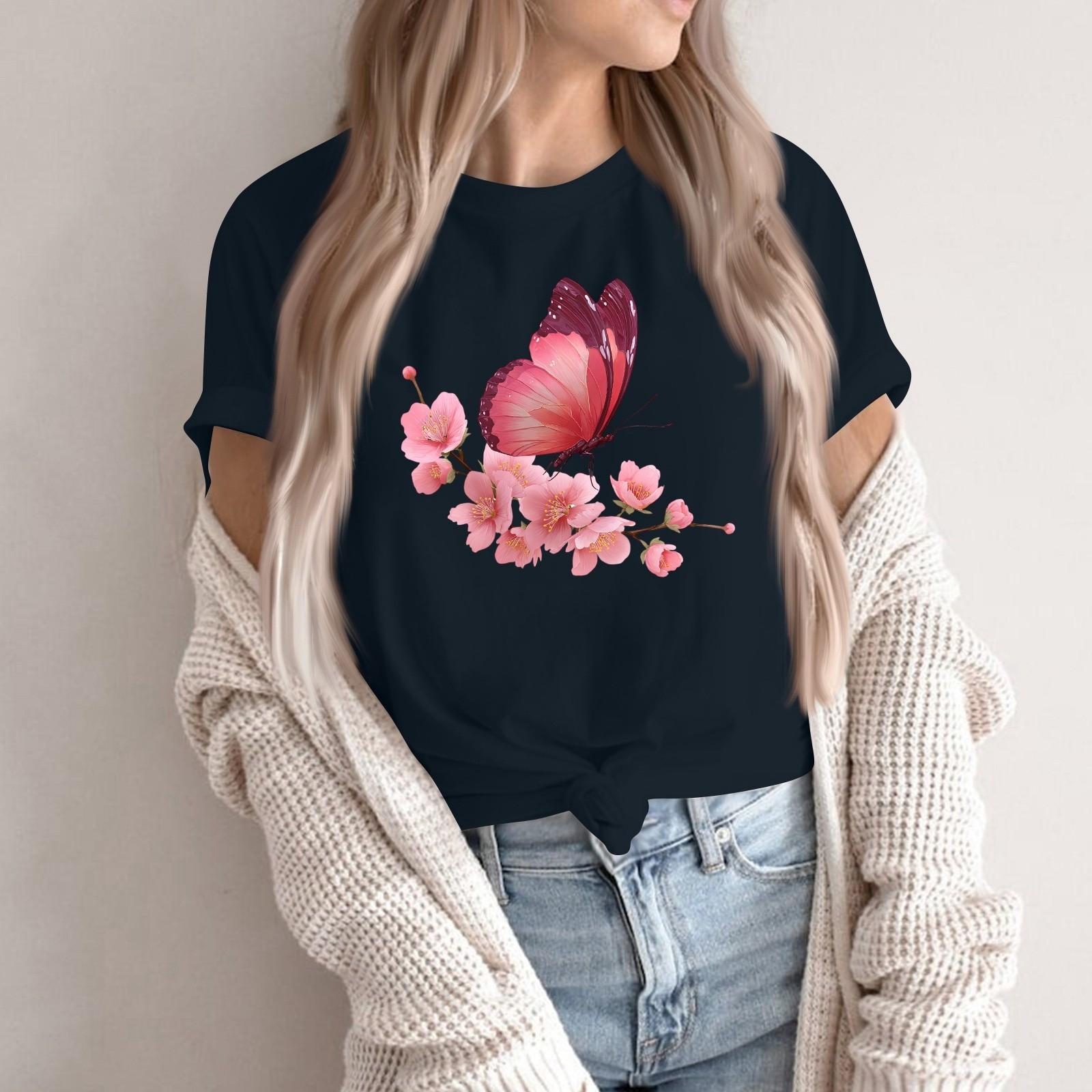 

Женская модная повседневная футболка-пуловер с принтом, круглым вырезом и короткими рукавами XXL тёмно-синий