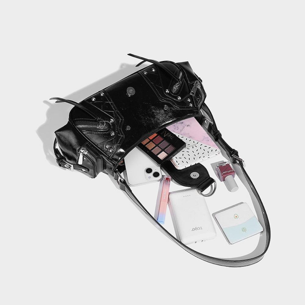 Retro Locomotive Style Handbag Fashion Niche Rivet Shoulder Bag Multi-pocket Design Oil Wax Leather Messenger Bag