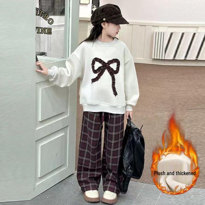 Girls' Fashionable Plaid Pants & Bow Sweatshirt Set - Autumn/Winter 2025