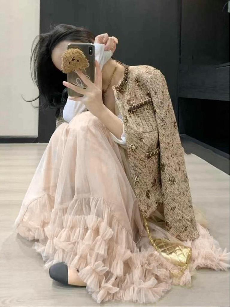 2026 New Women's Apricot Mesh A-Line Skirt High-Waist Slimming Gentle-Touch Long Skirt