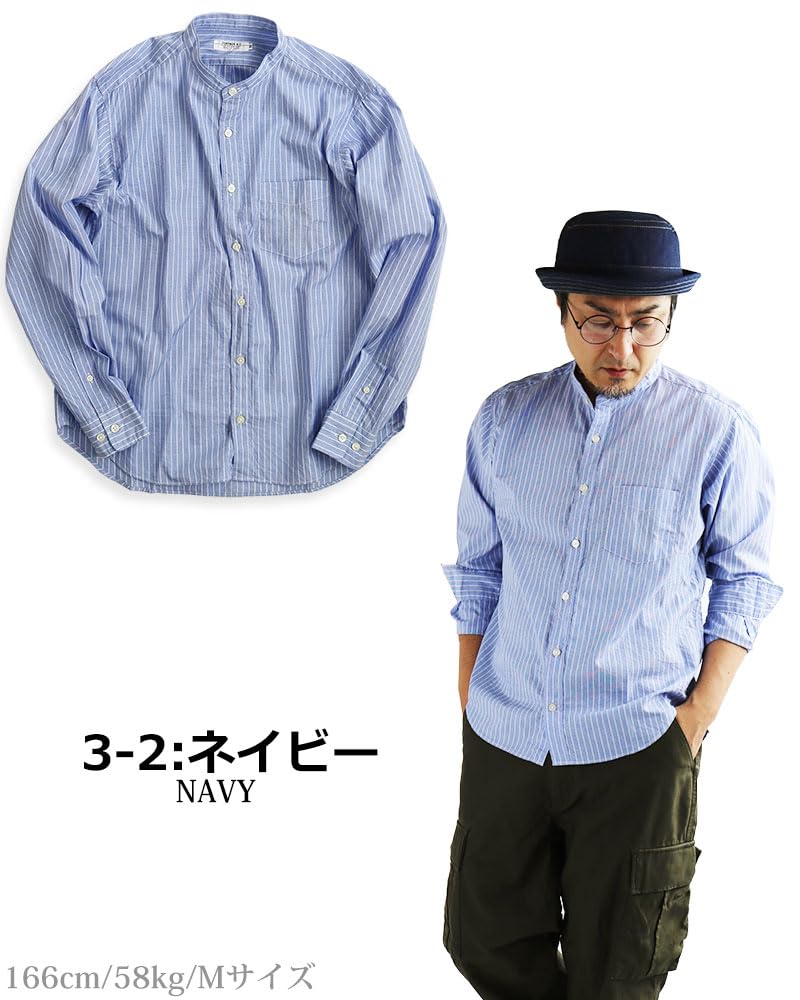Quintet VINTAGE EL Band Collar Striped Stand Long Made in Size Men's Shirt, Collar, Sleeve, Japan, L, Navy, 11-70192 (Size 3-2)