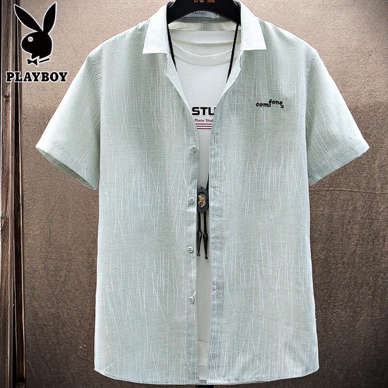 PLAYBOY Men s Ice Silk Striped Short-Sleeve Casual Shirt M