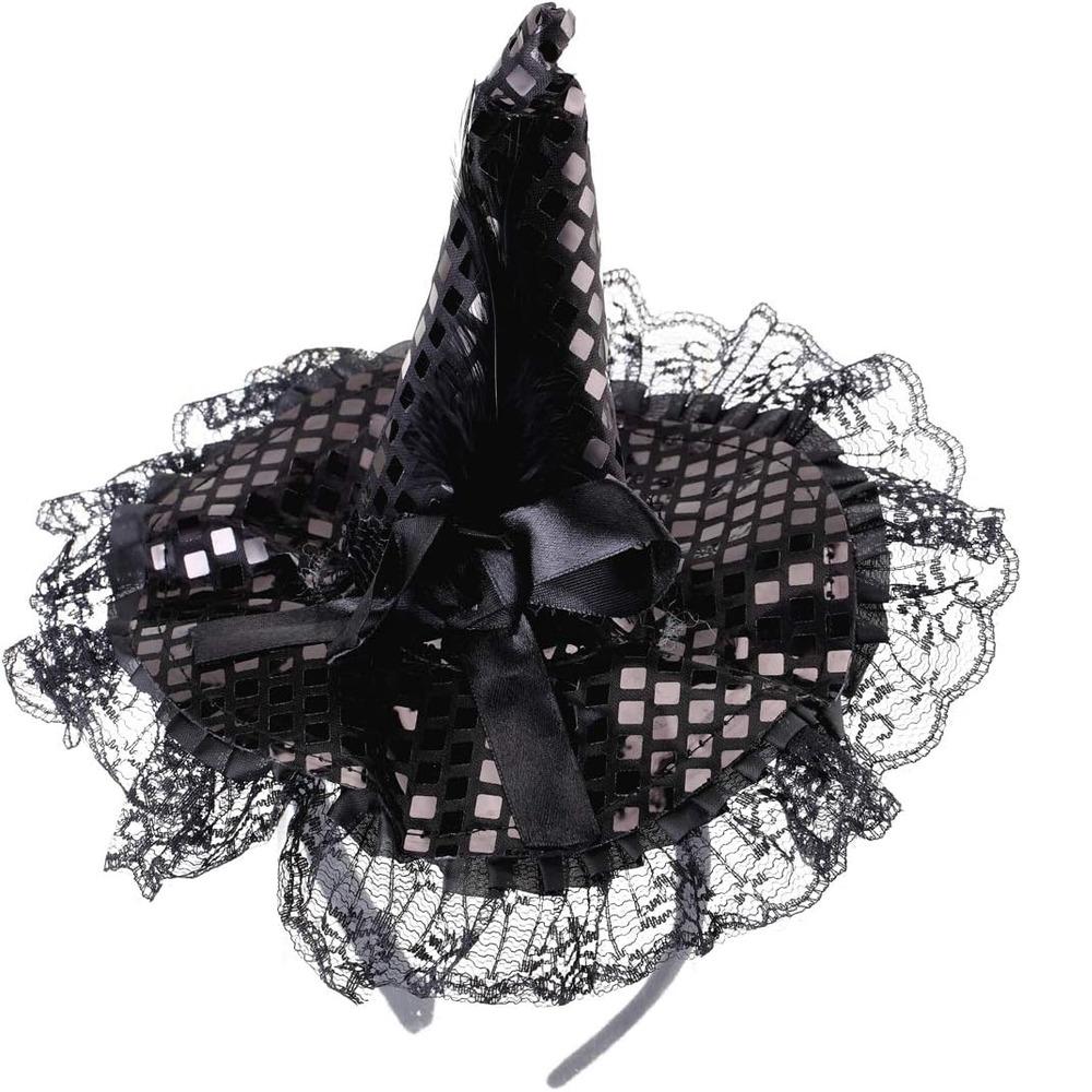 Halloween Decoration Witch HatGothic Role Play Costume Accessories with Feathers and BowLace Brim Party Party SuppliesDecoration