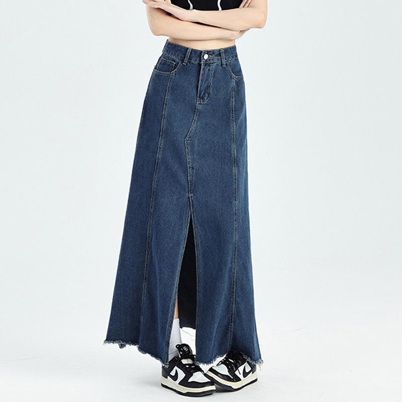 

Джинсовая юбка миди с высокой талией, в стиле ретро, с необработанным краем и разрезом - Летний облегающий дизайн 3XL темно-синий