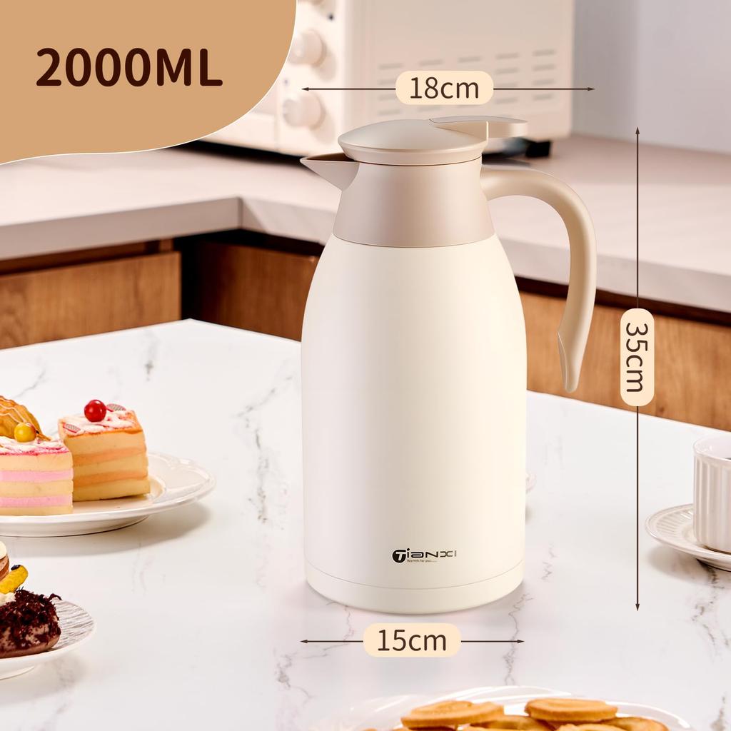 GIANXI Thermokanne 2L Tischkanne Edelstahl 2L Wärmeisolierung Kälteerhaltung Heimgebrauch Großes Fassungsvermögen