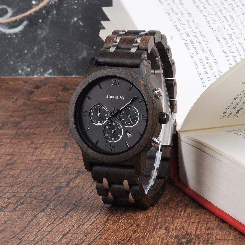 BOBO Bird Men's Wooden Watch with Luxury Wood and Metal Strap, Chronograph, Date Display, Quartz Movement, Versatile Men's Watch, Medium Size, Black