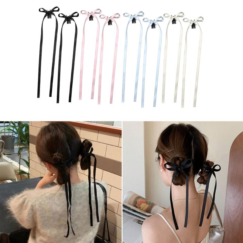Bowknot Hairslide Barrettes Small Bow Hair Claw Long Silk Ribbon Hairs Clip Stylish Headwear Women Jewelry Decoration