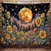 Vibrant Sunflower & Moon Tapestry, Magical Forest with Stars & Mushrooms Print on Black Background, Wall Hanging for Boho Decor