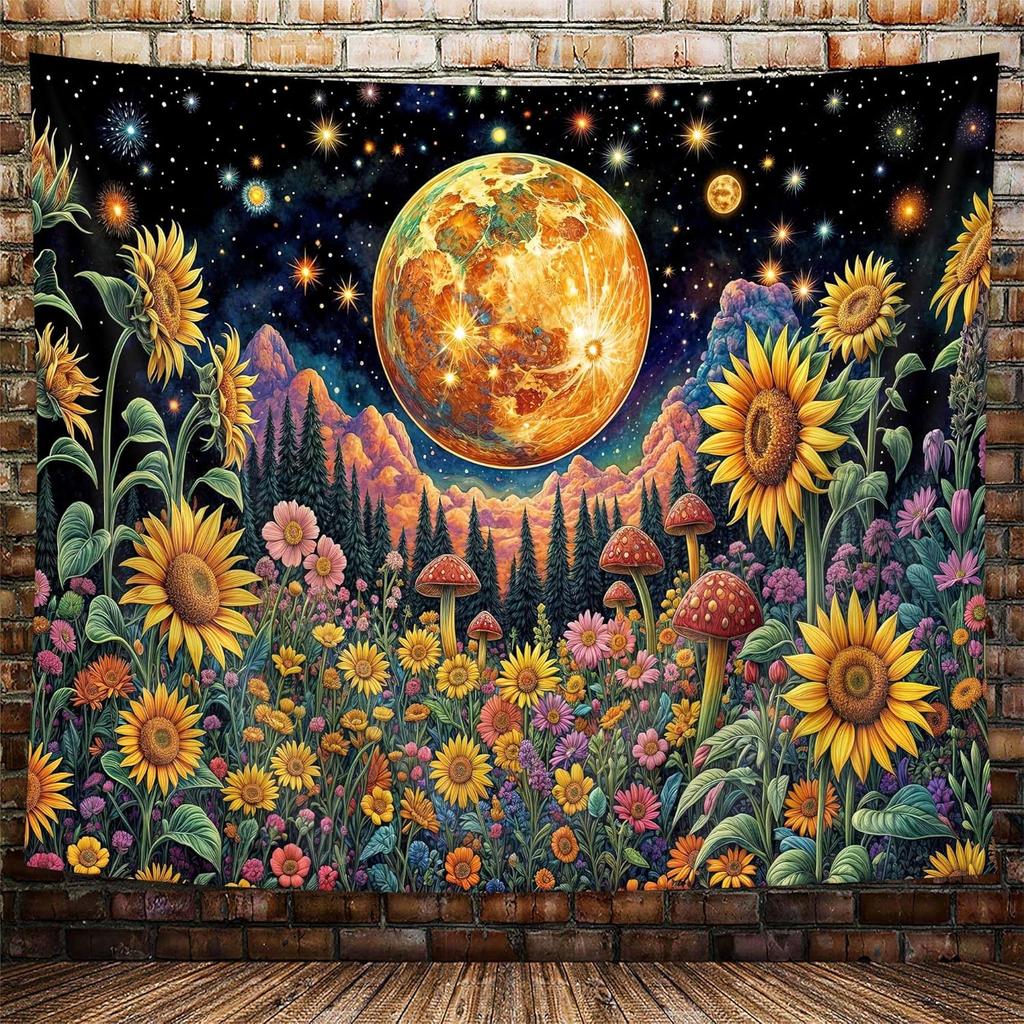 Vibrant Sunflower & Moon Tapestry, Magical Forest with Stars & Mushrooms Print on Black Background, Wall Hanging for Boho Decor
