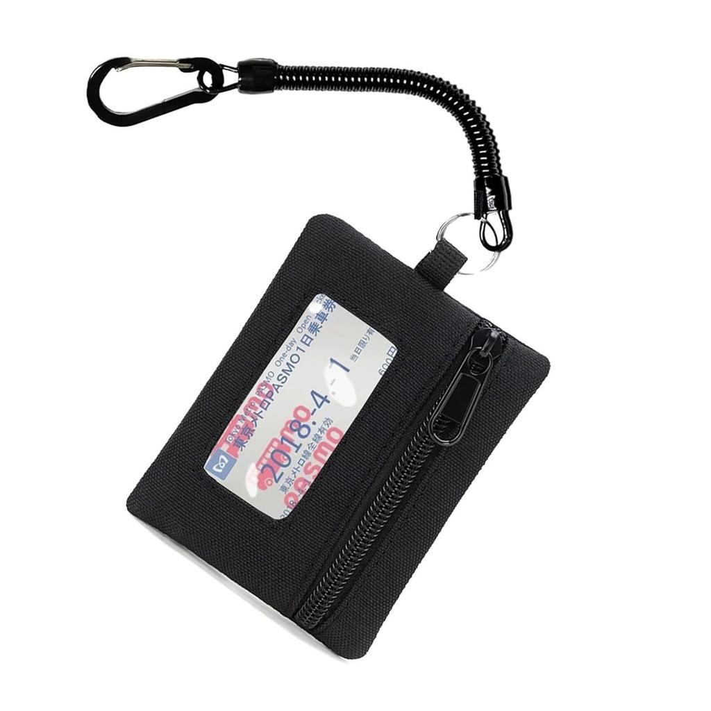 Winsuteki Pass case coin purse wallet card ticket holder expandable cord outdoor carabiner men women children compact (KB550 Black)