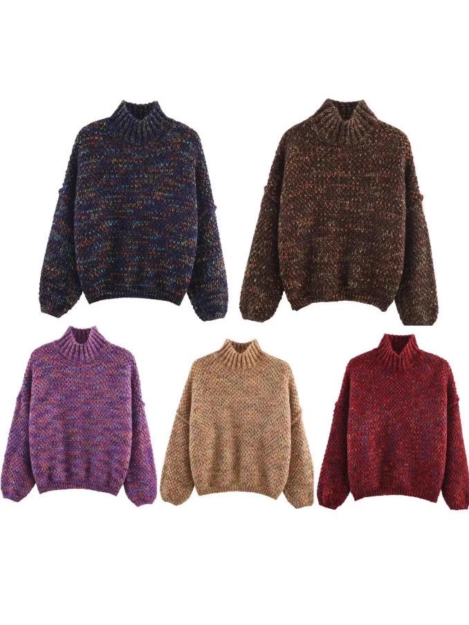 Autumn Winter Floral Yarn Chunky Knit High Neck Sweater - Women's Loose Fit