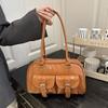 Fashion Women Patent Leather Tote Shoulder Bag Retro Style Satchel Purse with Buckle Pockets for Casual Daily Commute Streetwear