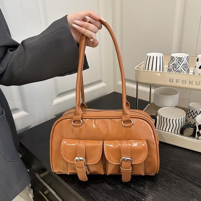 Fashion Women Patent Leather Tote Shoulder Bag Retro Style Satchel Purse with Buckle Pockets for Casual Daily Commute Streetwear