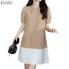 ZANZEA Women Casual Round Neck Lace Splice Hen Summer Short Sleeve Dress