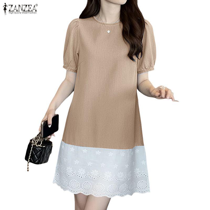 ZANZEA Women Casual Round Neck Lace Splice Hen Summer Short Sleeve Dress