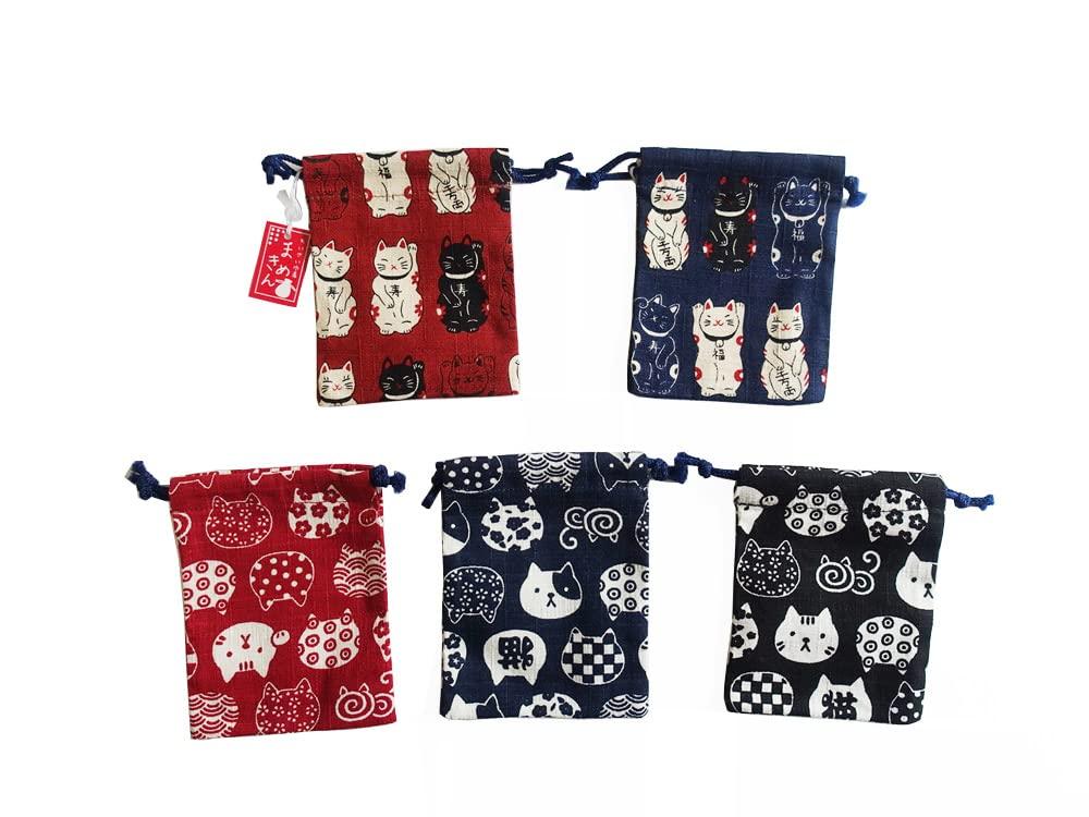 Kyosuke Made in Japan Mini Drawstring Set of 10 x for Kyoto Set A Bags, 5, Approx. 8cm, Amulets, Mamekin, Cotton, Cat, Nyankomon,