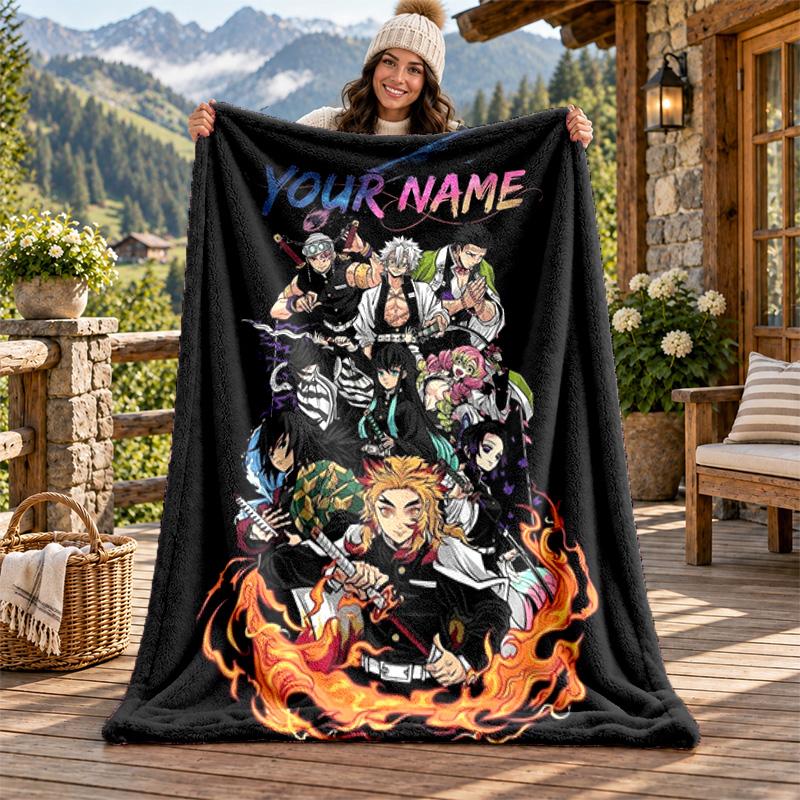 Akaza Demon Slayer Individueller Name Flanelldecke Personalisierte Weiche Warme Plüschdecke Maßgeschneidertes Geschenk für Familie Freunde
