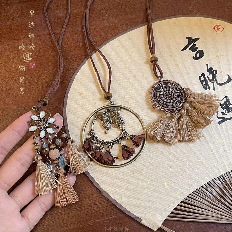 Oil Drop Flower Fringe Pendant Necklace Retro Ethnic Style Temperament Collarbone Chain Light Luxury High-end Versatile Jewelry Women