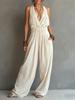 Damen Neckholder Jumpsuit mit weitem Bein Unifarben Tasche Lässiger lockerer Schnitt Rückenfrei Strampler