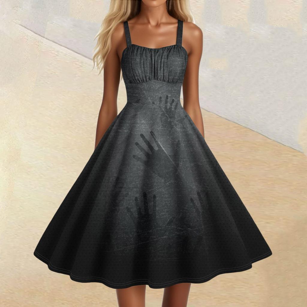 Dámské vintage bez rukávů plisované patchworkové roztomilé A-line lemované halloweenské potištěné šaty