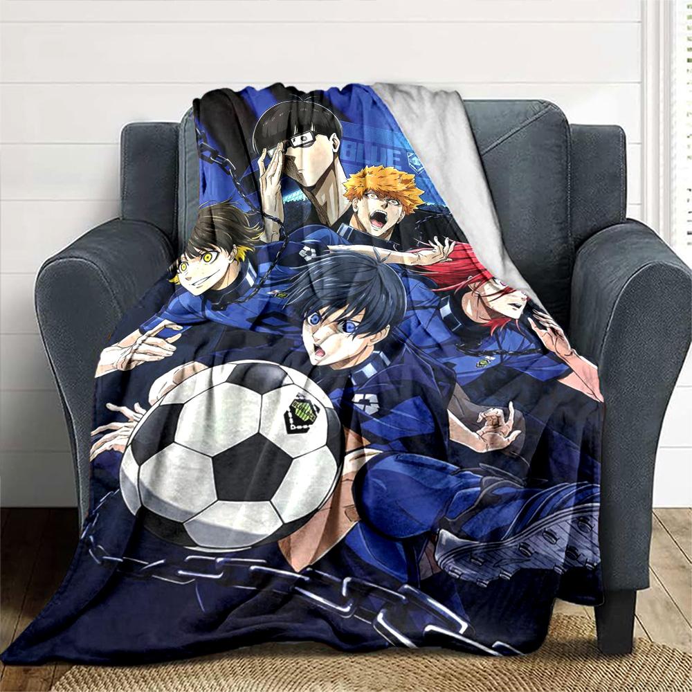 Blue Lock Anime Football Team Character Collage Print Flannel Blanket Dark Blue Chain Background Soft Throw Blanket Anime Fan Decor
