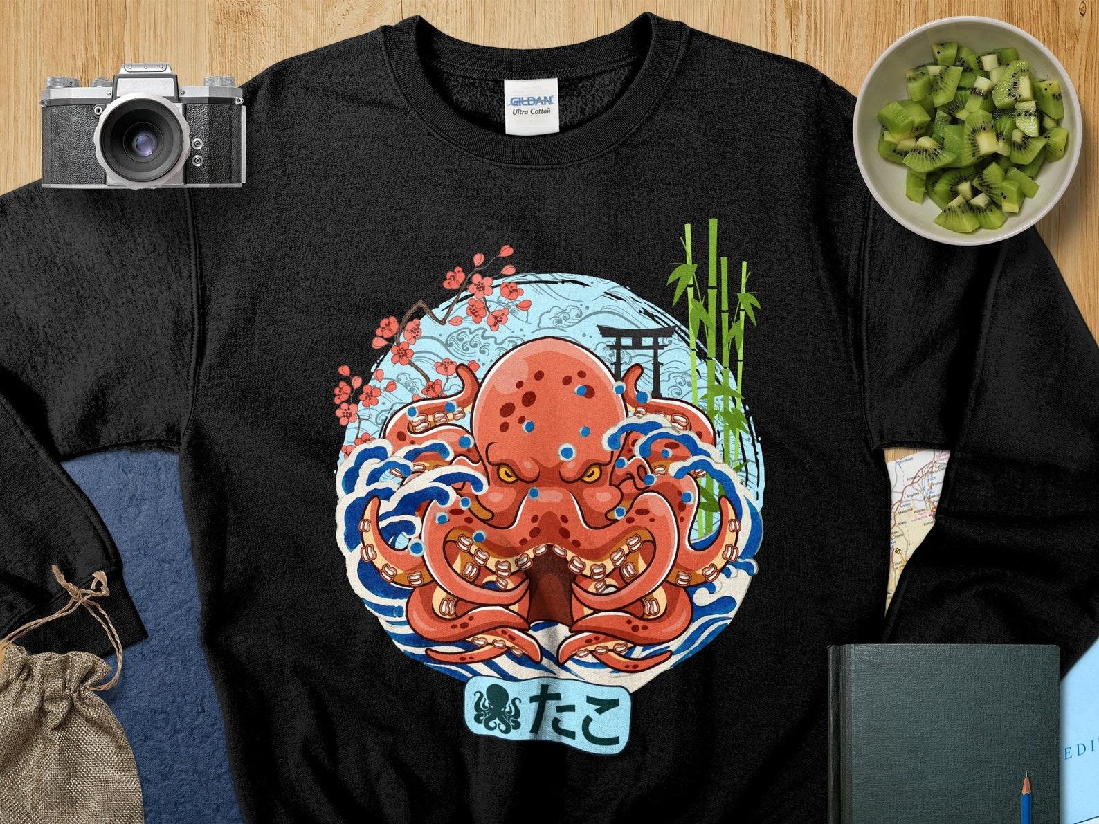 Japanese Wave Octopus T-Shirt, Traditional Art Style Tee, Unisex Ocean Creature Shirt, Sakura and Waves Graphic Design Top S