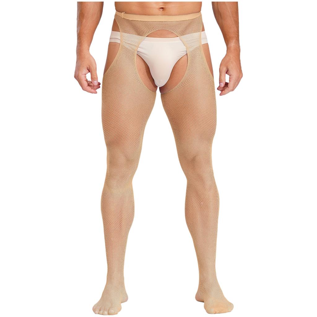 Mens Mid Waist Hollow Out Cutout Opening Crotch Tights Stockings Leggings Elastic Waistband Pantyhose
