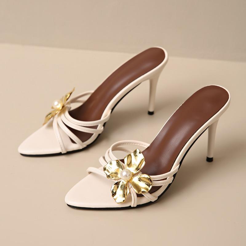 Fashionable Metal Flower High Heels Sandals Women's Thin Heel Black Slippers Summer New Arrival Elegant French Style Slides