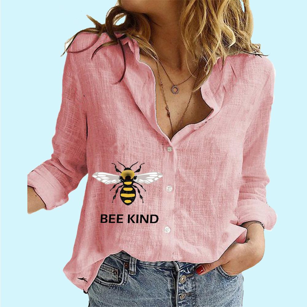 Women Fashion Button-up Blouse Ladies Loose Cotton Linen Top Casual Print Long Sleeved Shirt