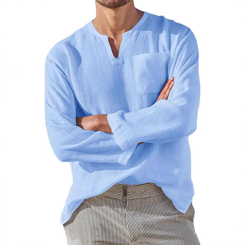 2023 Spring Men's V-Neck Long-Sleeve Casual Linen Beach Shirt