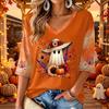Women's V-Neck Casual Halloween Print Three-Quarter Sleeve Top for Fall Festive Occasions