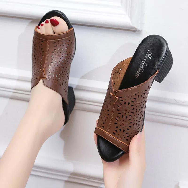 Flip Flop Square Heel High Heels Muller Slippers Women Summer Shoe Women Fashion Vintage Hollow Fish Mouth Ladies Shoes