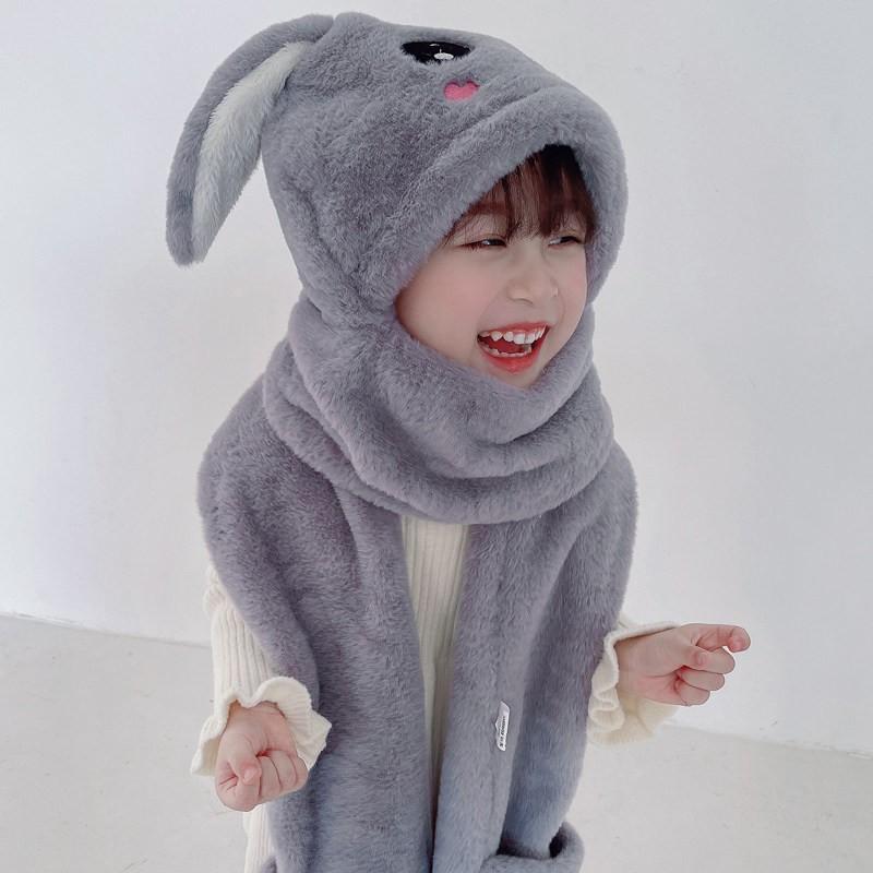 Warm Knitted Rabbit Ear Hat With Scarf Kids Women Winter Outdoor Wear Soft Fleece Lined Adjustable Hooded Beanie