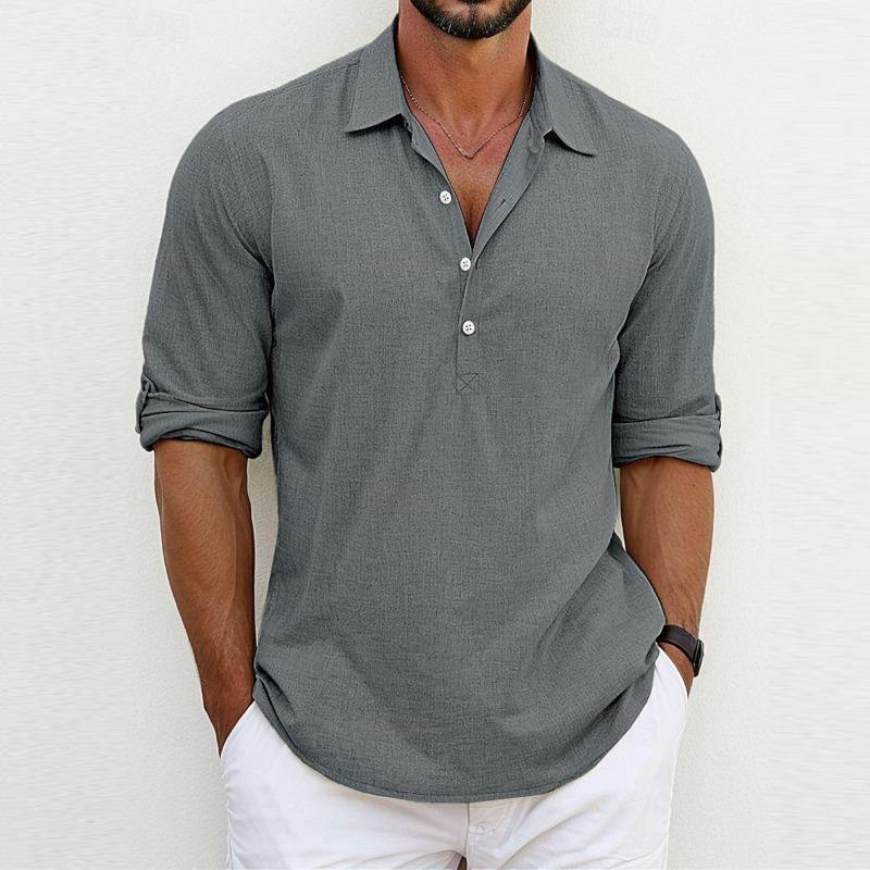 Spring and Summer Men's Solid Color Lapel Shirt Casual Fashion Long-sleeved Shirt Top
