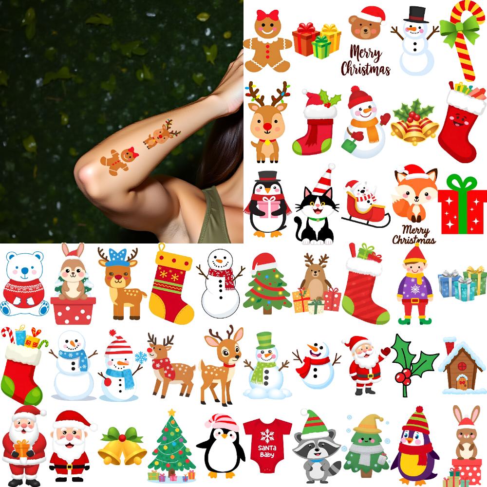 63pcs Temporary Tattoo Bells Temporary Tattoo Stickers Gifts Holly Waterproof Long-lasting Body Stickers Candy Canes For