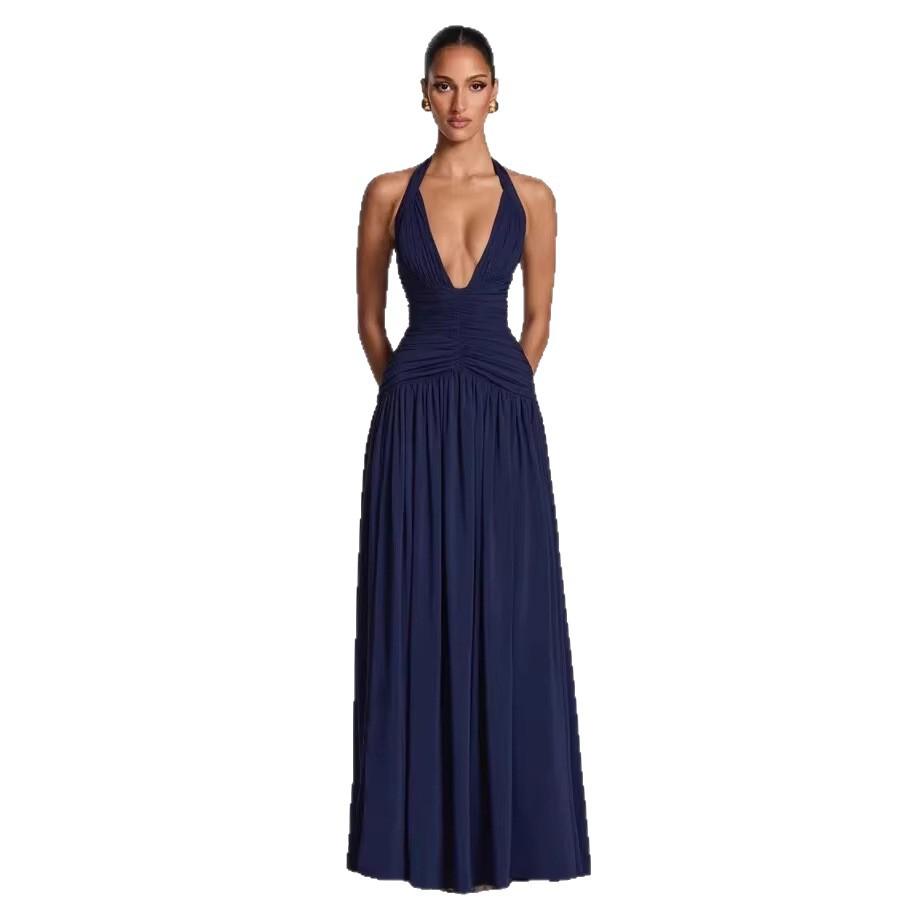 European and American new women's clothing, solid color neck-hanging split dress, sexy deep V-neck waist-pleated long dress