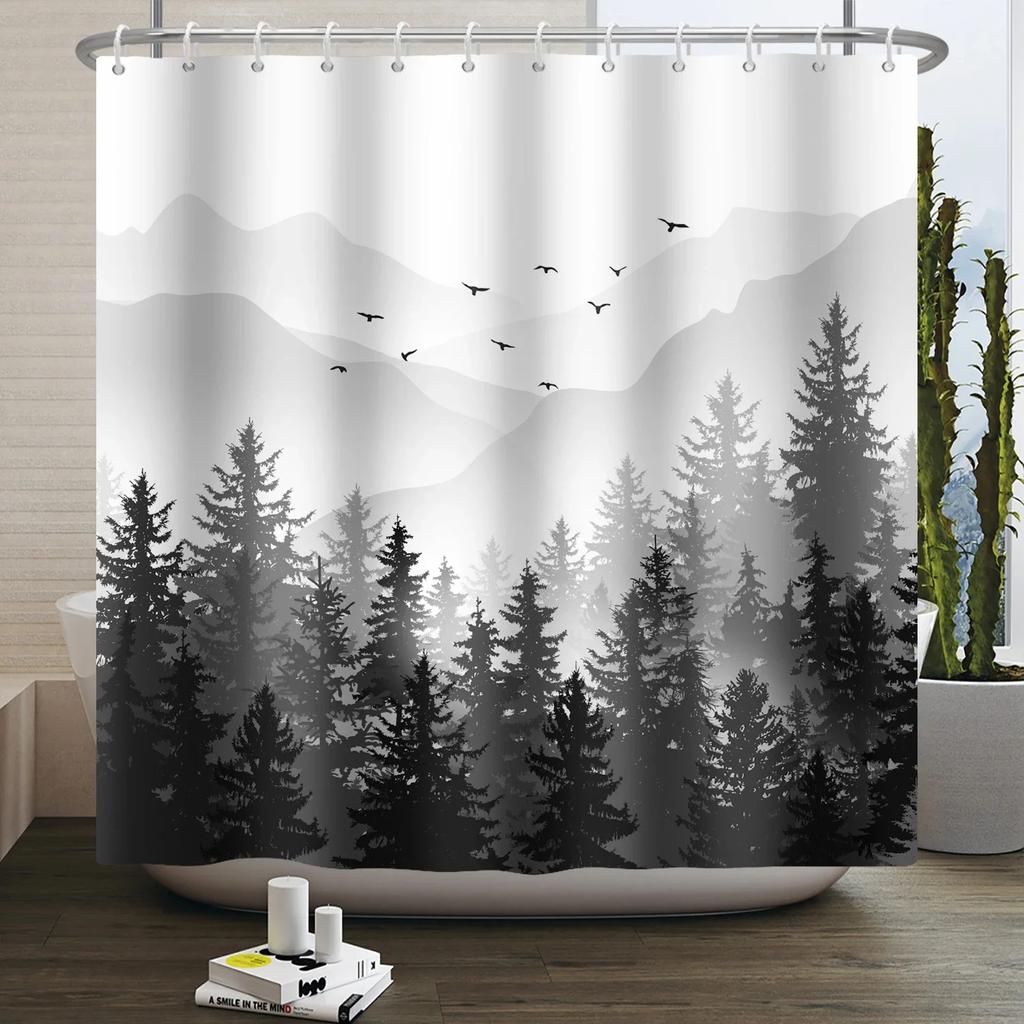 Misty Forest Shower Curtain for Bathroom Nature Mountain Tree Fog Woodland Waterproof Fabric Bathtub Shower Curtain Home Decor