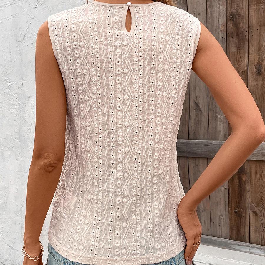 Kvinner Vår Sommer Elegant Blonder Patchwork O-Hals Hul Topp Ensfarget Heklet Camisole Topp Pullover Skjorte S-XL