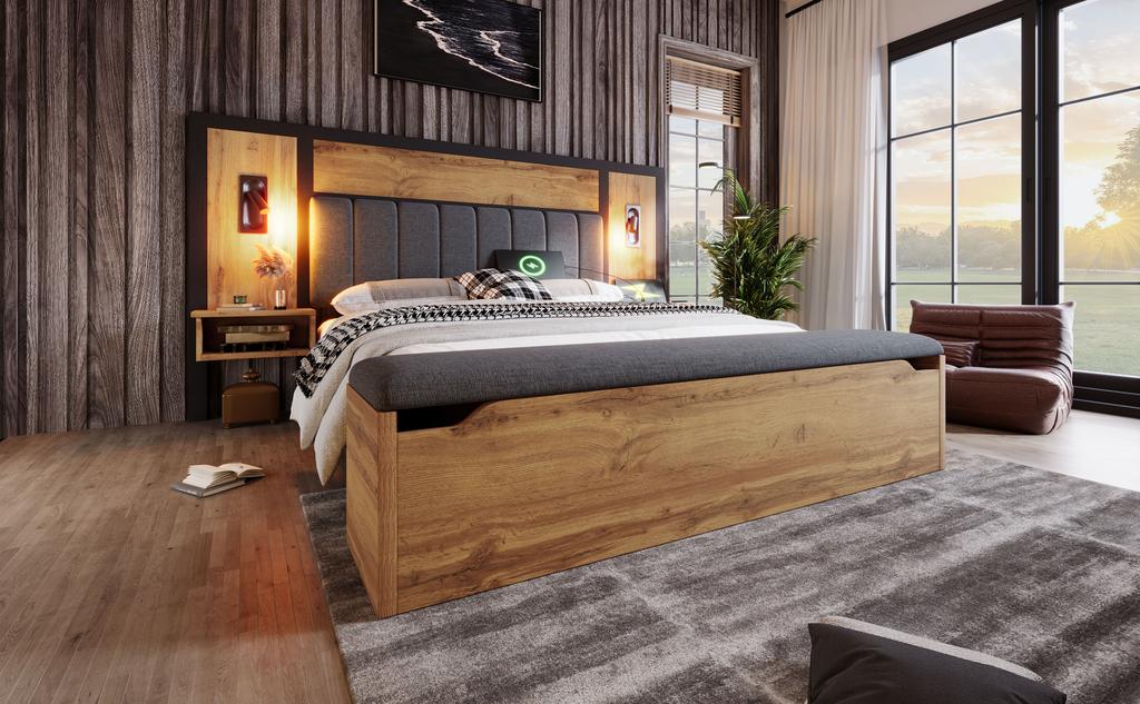 Upholstered Bed 180x200, Reading Lamp, USB C Nightstand and Storage Bench, Slatted Frame Made of Metal, Wood and Linen, Oak (Without Mattress)