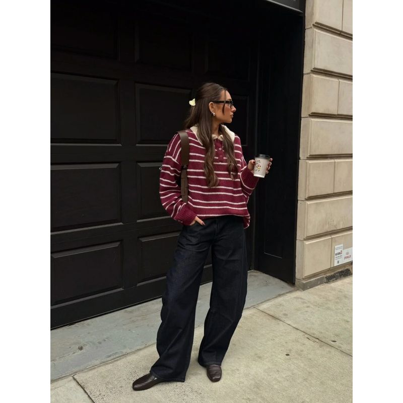 Retro Tone American Style Lazy Feeling Loose Contrast Color Stripe Pullover Versatile Sweater Preppy Knit Top