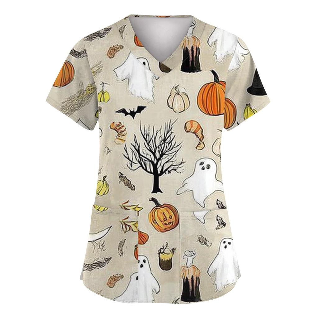 Women's Fashion Short Sleeve Halloween Printed V-Neck Pocket Workwear Tops