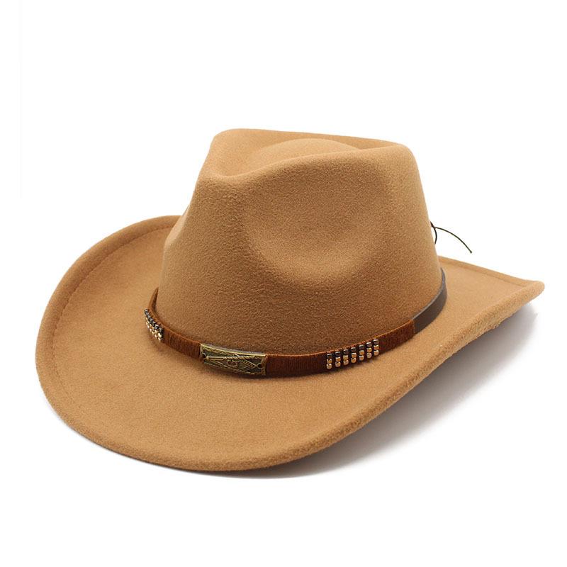 Warm Casual Versatile Coffee Belt Men'S And Women'S Woolen Western Cowboy Hat Big Edge Shading Hat