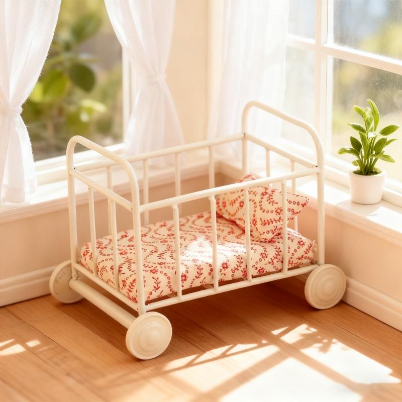 Bassinet Crib Toy Figure Model Realistic Metal Bed Dollhouses Pretend Girls Gift Realistic Mini Crib Toy