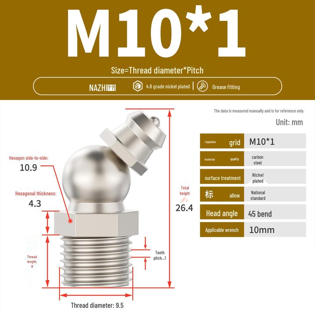 Nickel-Plated Iron Bent Grease Nipple Grease Gun Head M6-M14 G1/8