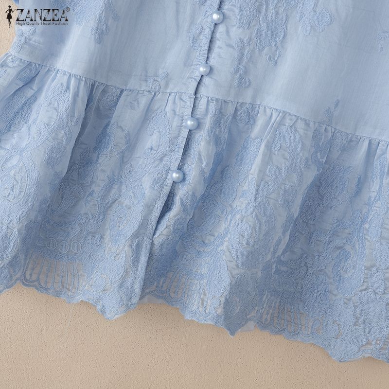 ZANZEA Women Elegant Embroidery Lace Patchwork Casual V-Neck Short Sleeve Blouse