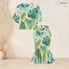 Women Plus Size Two Piece Set Round Neck Batwing Short Sleeve Tropical Leaf Printed Ruffle Hem Top Fishtail Skirt